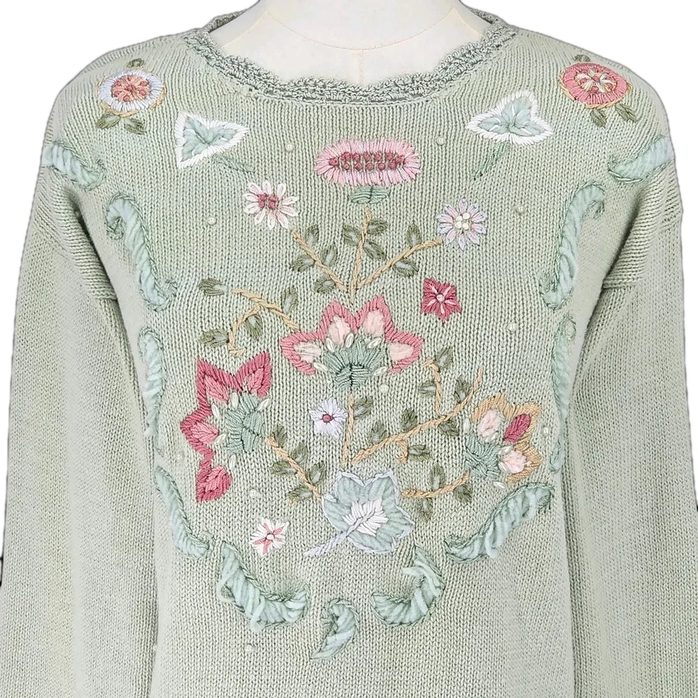 Vintage Streanigans Embroidered Sweater Womens M Sage Cottagecore Fairycore